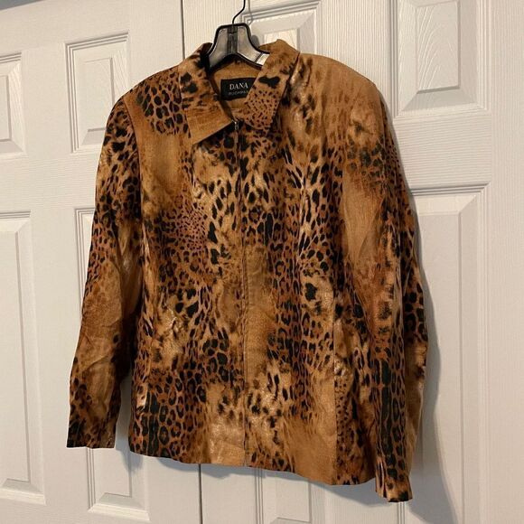 NWOT Dana Buchman Leopard Printed 100% Linen Long Sleeve ZipUp Front Blazer - 16 - Picture 3 of 14